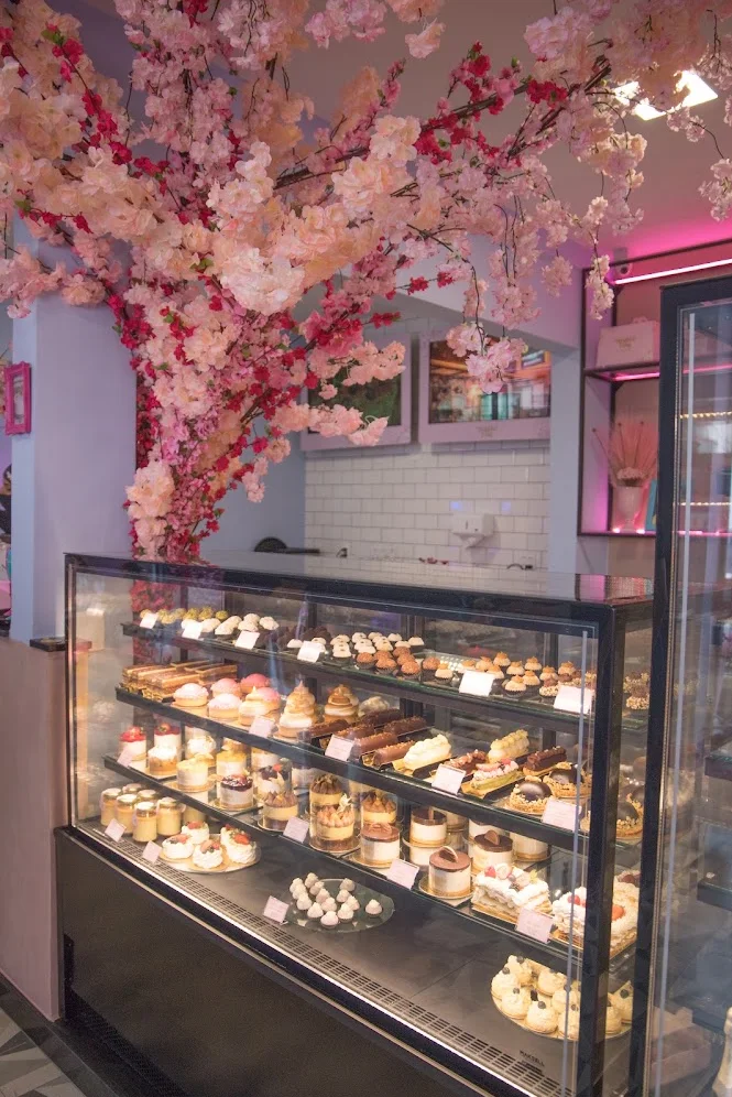 Vitrine de doces da Melado Fino sob uma cerejeira de flores rosa